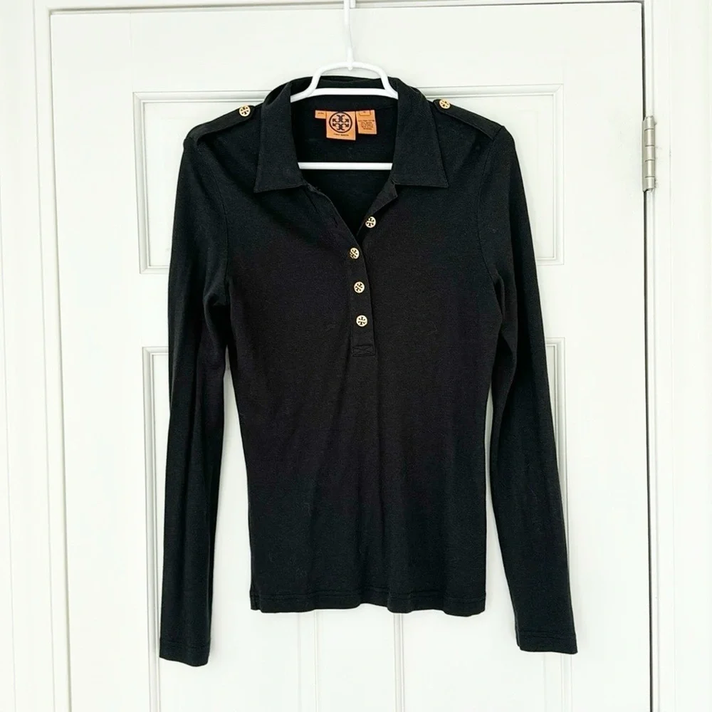 TORY BURCH shirt size M black pima cotton longsleeve gold buttons classic